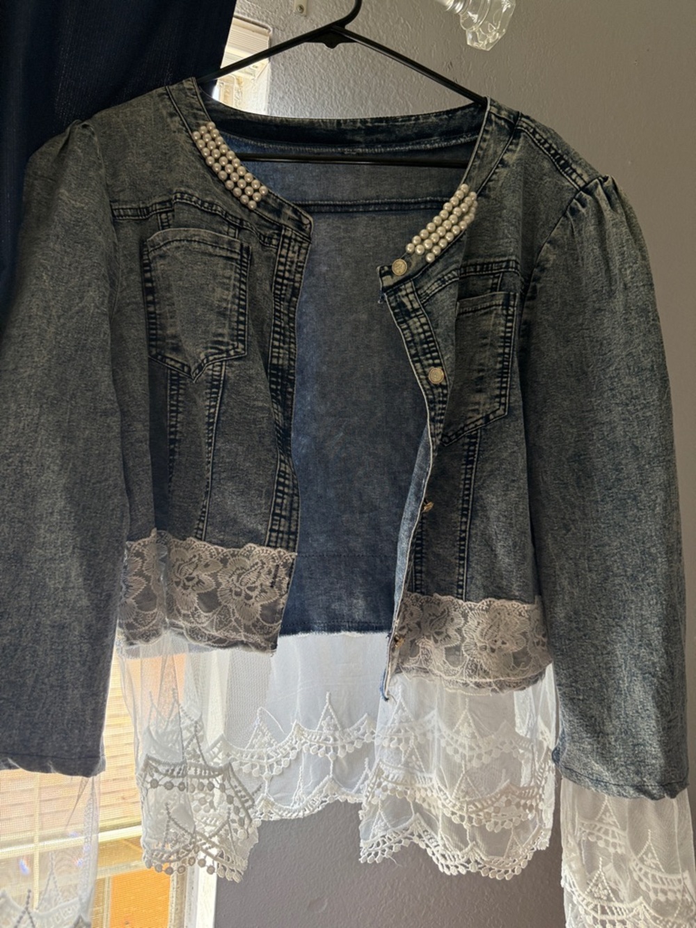 Washed  Denim Jacket with Lace Trim and Sheer Hem
